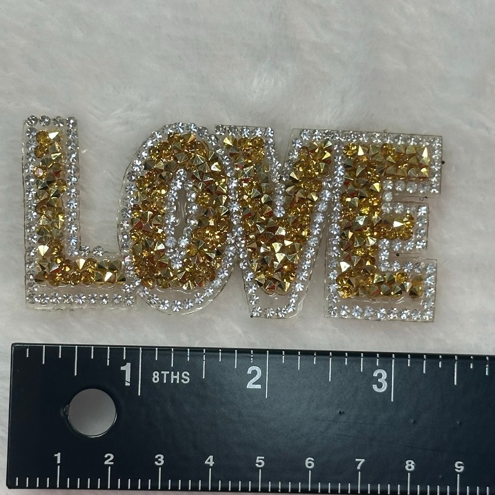 LOVE Rhinestone Patch OS Gold Clear Crystal Letter Applique DIY - Picture 3 of 5